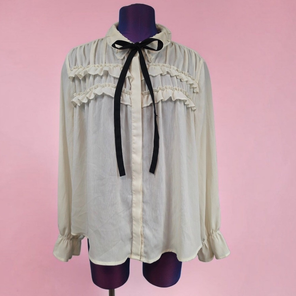 Hayden Los Angeles Cream Ruffle Tie Neck Blouse Victorian Romantic Top Large